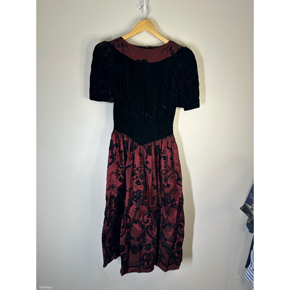 Gunne Sax Jessica McClintock Vintage 80s Velvet Flocked Floral Midi Dress Size 5